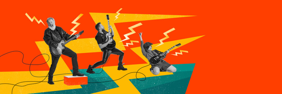 Rock and roll music band. Men and girl playing electric guitar against vivid background. Contemporary art collage. Concept of music, lifestyle, art of sound, performance. Creative bright design