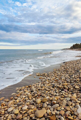 Sea shore beach. Blue wave and cloud on landscape. Beautiful coastline on summer vacation.