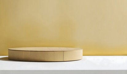 Round wooden podium, cylinder shape for product presentation on a beige background