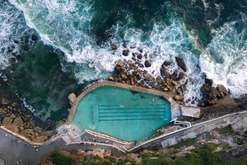 Aerial drone view of Bronte Ocean Pool in Sydney, New South Wales Australia
