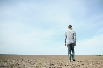 A farmer in boots works in a field sown in spring. An agronomist walks the earth, assessing a plowed field in autumn. Agriculture