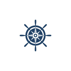 Obraz premium Nautical Steering wheel symbol with compass rose icon isolated on white background