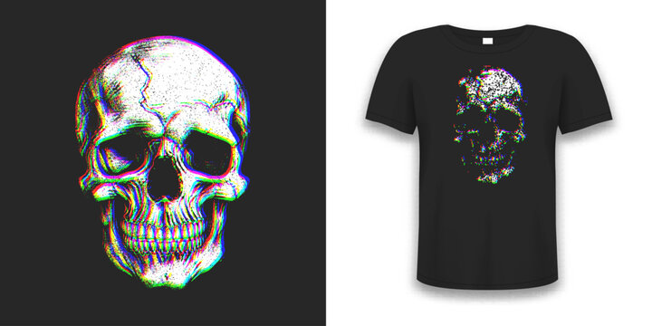 Skull illustration for t-shirt design. Colorful cyber style or glitch effect skull for t shirt print. Graphics for tee shirt and apparel. Vector.