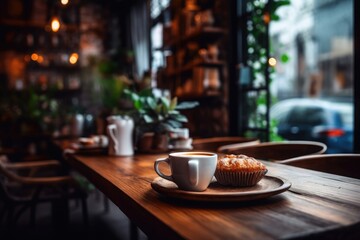 A cup of coffee and a muffin on a table in a cafe generative ai