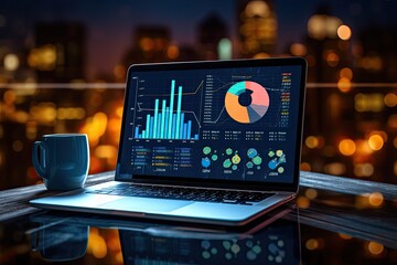 Computer laptop and dashboard for data business analysis and Data Management System with KPI and metrics connected to the database for technology finance, operations, sales, marketing - Generative AI