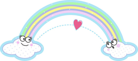 Cheerful illustration of two clouds and a rainbow arch.