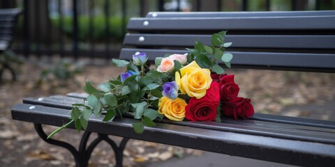 A park bench with a small bouquet of rainbow-colored flowers left behind, symbolizing an lgbt couple recent visit, concept of Equality, created with Generative AI technology