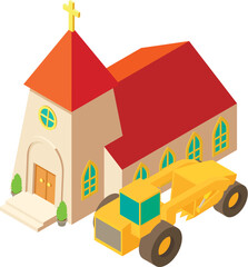 Grader work icon isometric vector. Construction grader near church building icon. Construction work, building site