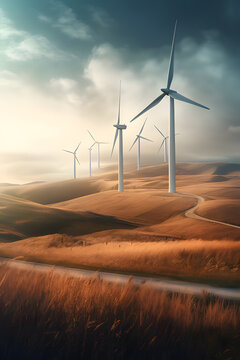 Wind turbine farm with multiple turbines in motion, set against a scenic landscape, emphasizing the harnessing of wind energy for electricity production, Generated AI