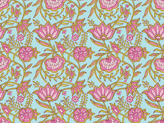 INDIAN FLORAL BLOCK PRINT SEAMLESS PATTERN VECTOR ILLUSTRATION