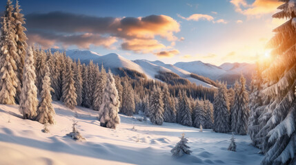 Fototapeta premium Snow mountain and sunset sky background. Season and environment concept. Generative ai.
