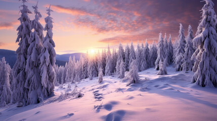 Snow mountain and sunset sky background. Season and environment concept. Generative ai.