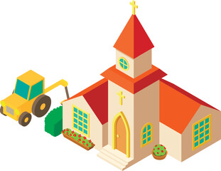Territory improvement icon isometric vector. Wheel tractor near church building. Territory care, landscaping