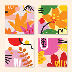 Set of colorful abstract flowers and leaves floral hand drawn in retro style vector illustration wall art background.
