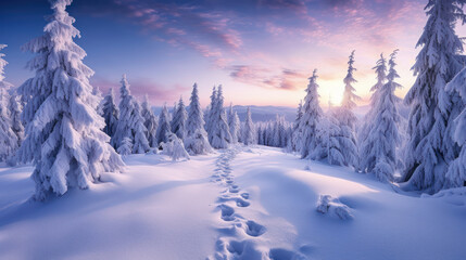 Fototapeta na wymiar Snow mountain and sunset sky background. Season and environment concept. Generative ai.