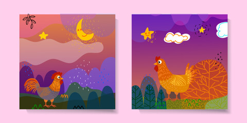 Set of chicken icon character on colorful landscape background vector illustration design.