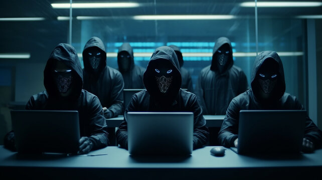 Hackers with hoodies with dark face mask. Hacker group team in front laptop in modern office, Generative AI