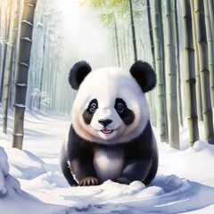 Cute giant panda baby on snow in the winter time. Animal illustration painting, generative ai. - 607454740