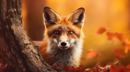 Fototapeta premium Porträt eines Fuchses im herbstlichen Wald mit schön gefärbtem Herbstlaub, Generative AI