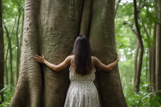 Young woman from the back tree hugging in the forest in concept of people love nature and tree to protect from deforestation and pollution or climate change - Generative AI