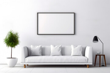 Horizontal frame template in minimalist style interior with sofa, cushions, green plant, coffee table and white wall background.AI generated.