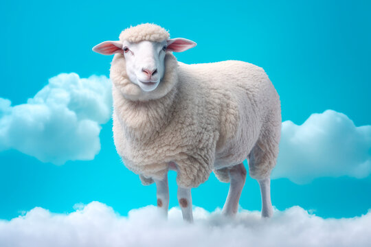 Cute fluffy sheep standing on the clooud.AI generated.