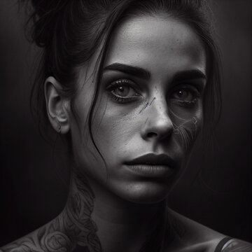 a sad woman with tattoo on face and neck, black and white, close up shot, generative ai