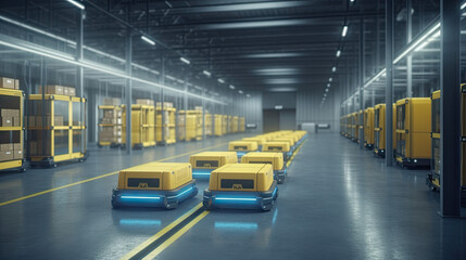 modern warehouse with robots that drive the goods across the hall. Generative AI