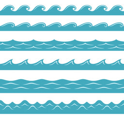 Vector sea or ocean. Simple flat illustration of blue waves isolated on white. Seamless marine pattern, border, frame. Set of design elements.