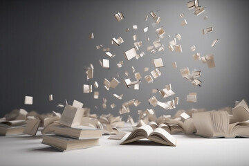 Hobbies, education and leisure concept. Many flying blank books minimalistic background with copy space. Generative AI