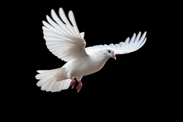 Plakat White dove flying isolated on black background and Clipping path. freedom on international day of peace concept - Generative AI