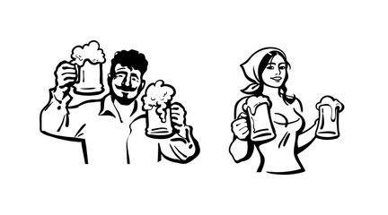 Happy man and woman holding beer mugs. Hand drawn vector illustration isolated on white background.