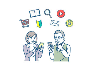 スマートフォンで様々なサービスを利用する高齢者、老夫婦