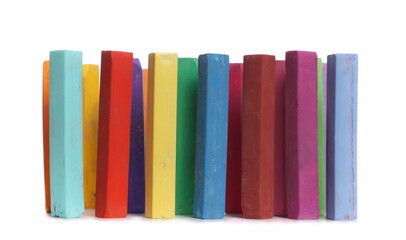 Colorful group chalks isolated on white background, side view