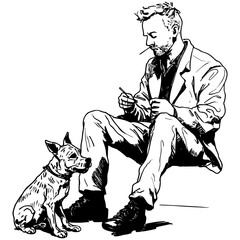 Fototapeta premium Illustration man and dog, line art, drawing book.