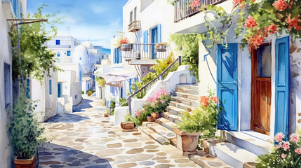 Fototapeta na wymiar watercolor illustration street in Greece , generative ai