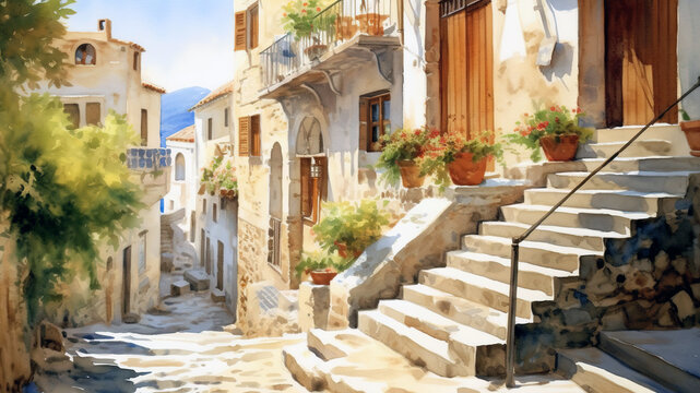 Fototapeta narrow street in the old town of island country , generative ai