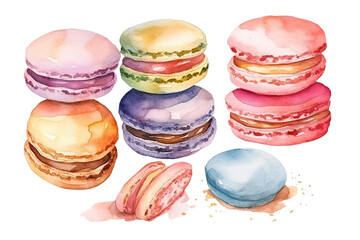 Watercolor bakery macaron or macaroon cake isolated on clear png background, various breads in cafe shop, Delicious buns, pancake, and others baked, with Generative Ai.