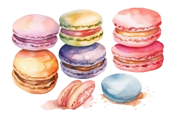 Fototapeten Watercolor bakery macaron or macaroon cake isolated on clear png background, various breads in cafe shop, Delicious buns, pancake, and others baked, with Generative Ai. © TANATPON