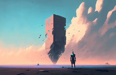 a man looking at the monolith that floating in the sky, digital art style, illustration painting, Generative AI