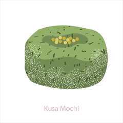 Kusa Mochi. Japanese traditional sweet made from leaves of yomogi. Green pastry with creamy paste. Vector illustration isolated on white