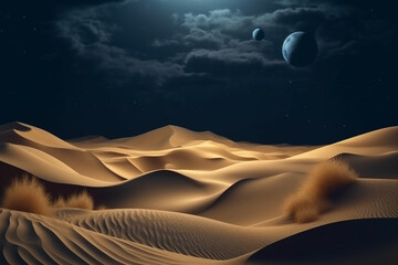 Naklejka premium Abstract sand dunes landscape with moon at night. 3D modern art mural wallpaper with matte dark blue background. Dark landscape with stars and moon. Minimalistic style. Generative AI