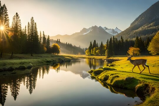 A peaceful meadow with grazing deer and a gentle stream flowing through, capturing the harmonious beauty of nature