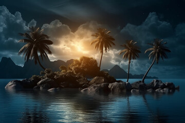 Fototapeta na wymiar Abstract tropical island landscape. 3D modern art mural wallpaper with matte dark blue background. Dark landscape with palm trees, moon, mountains and ocean. Minimalistic style. Generative AI