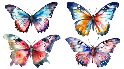 Watercolor set of colorful butterflies with beautiful wings isolated on clear png background, insect collection for mock up, with Generative Ai.