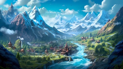 The fantasy valley is surrounded by mountains and a river in the digital art style. Playful cartoon illustrations. Richly detailed backgrounds. Vibrant cartography. Drawing Painting. Generative AI.
