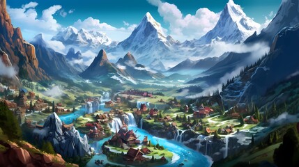 The fantasy valley is surrounded by mountains and a river in the digital art style. Playful cartoon illustrations. Richly detailed backgrounds. Vibrant cartography. Drawing Painting. Generative AI.

