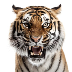 Front view close up of tiger animal isolated on transparent background