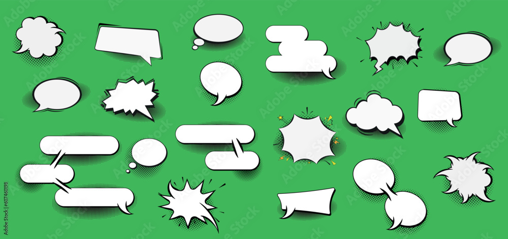 Poster retro empty comic speech bubbles set with black halftone shadows.