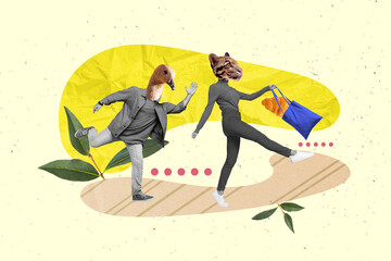 Collage illustration banner of headless absurd animal leopard walking hold bag tasty croissant man...